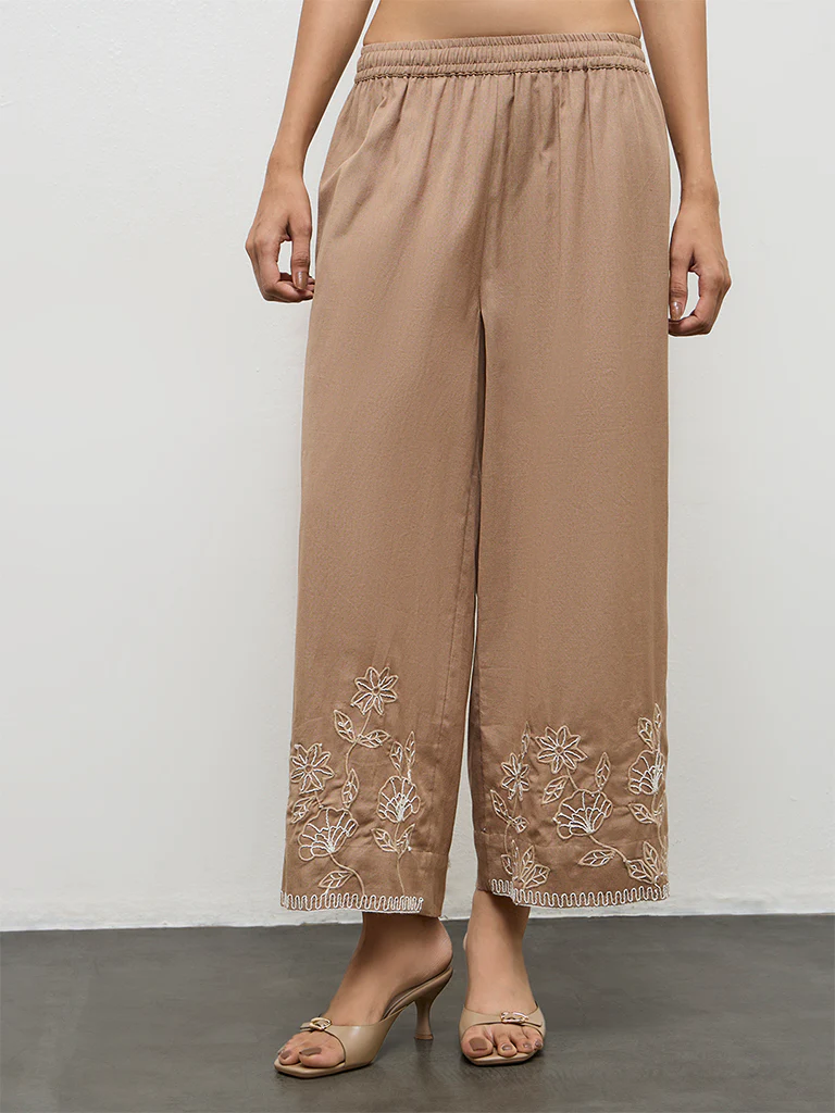 Utsa Brown Floral Embroidered Cotton Pants