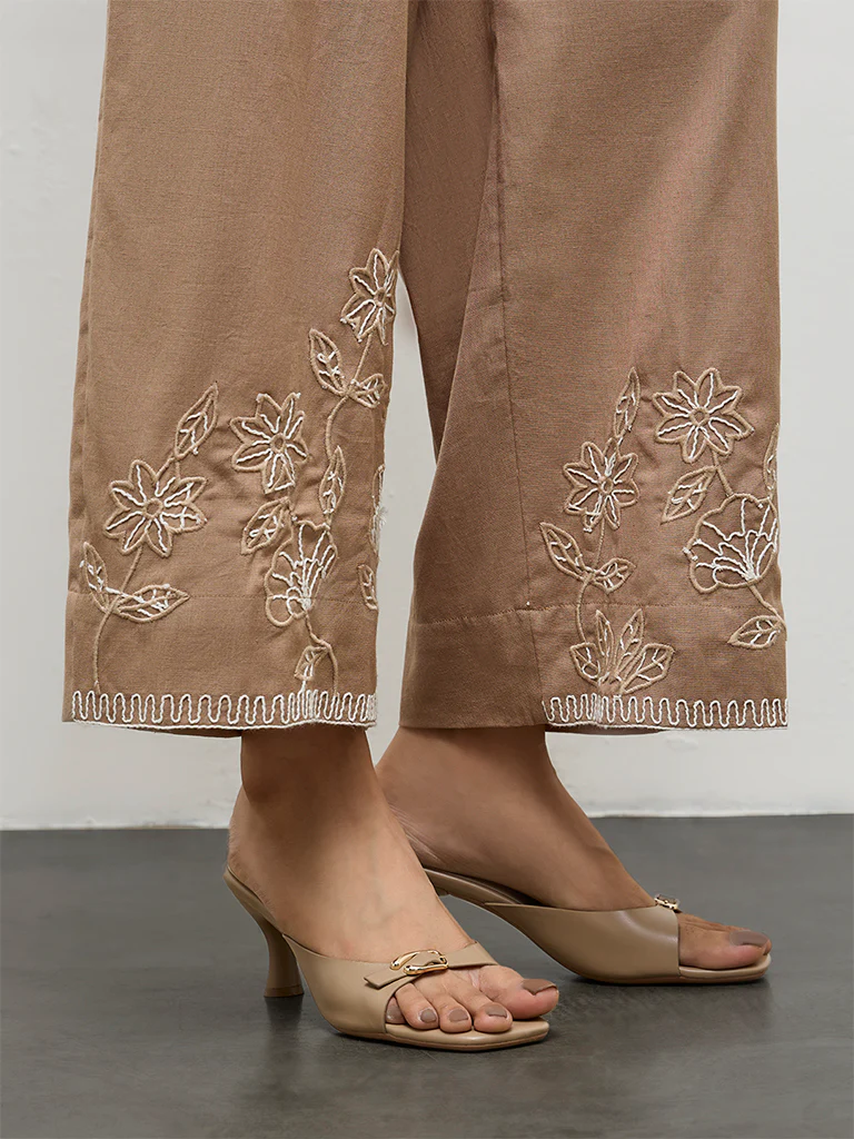 Utsa Brown Floral Embroidered Cotton Pants - Image 3
