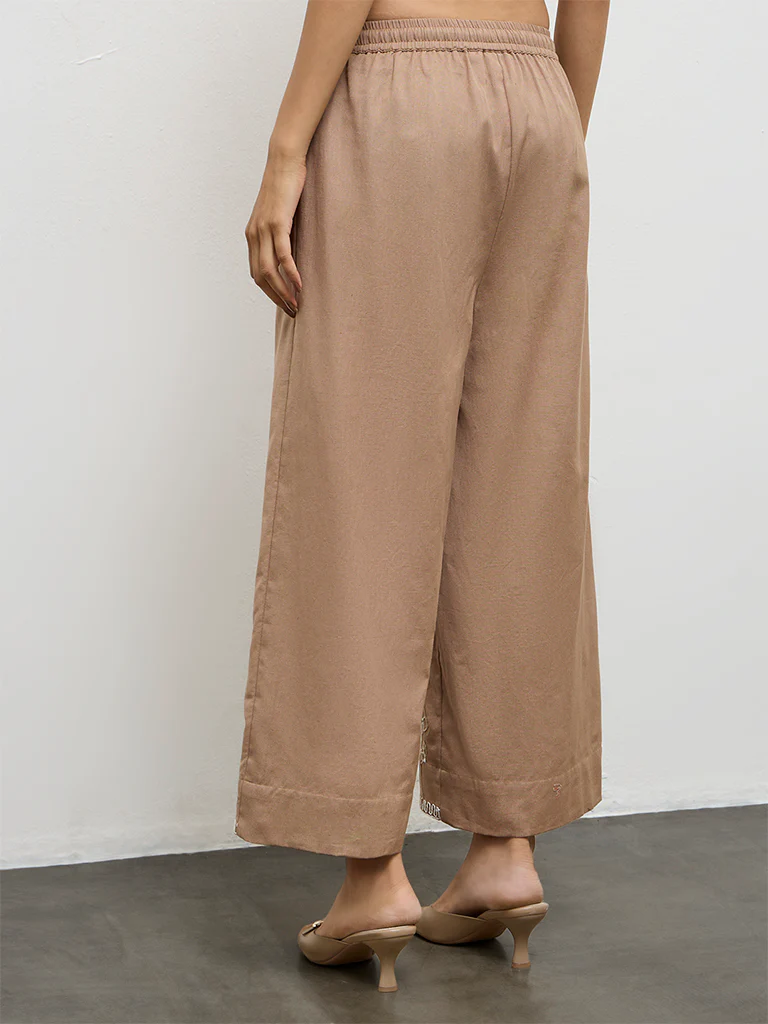 Utsa Brown Floral Embroidered Cotton Pants - Image 4