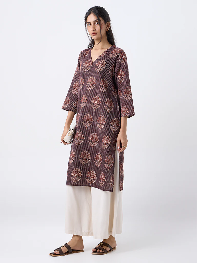 Utsa Brown Floral Pattern Cotton-Blend Straight Kurta