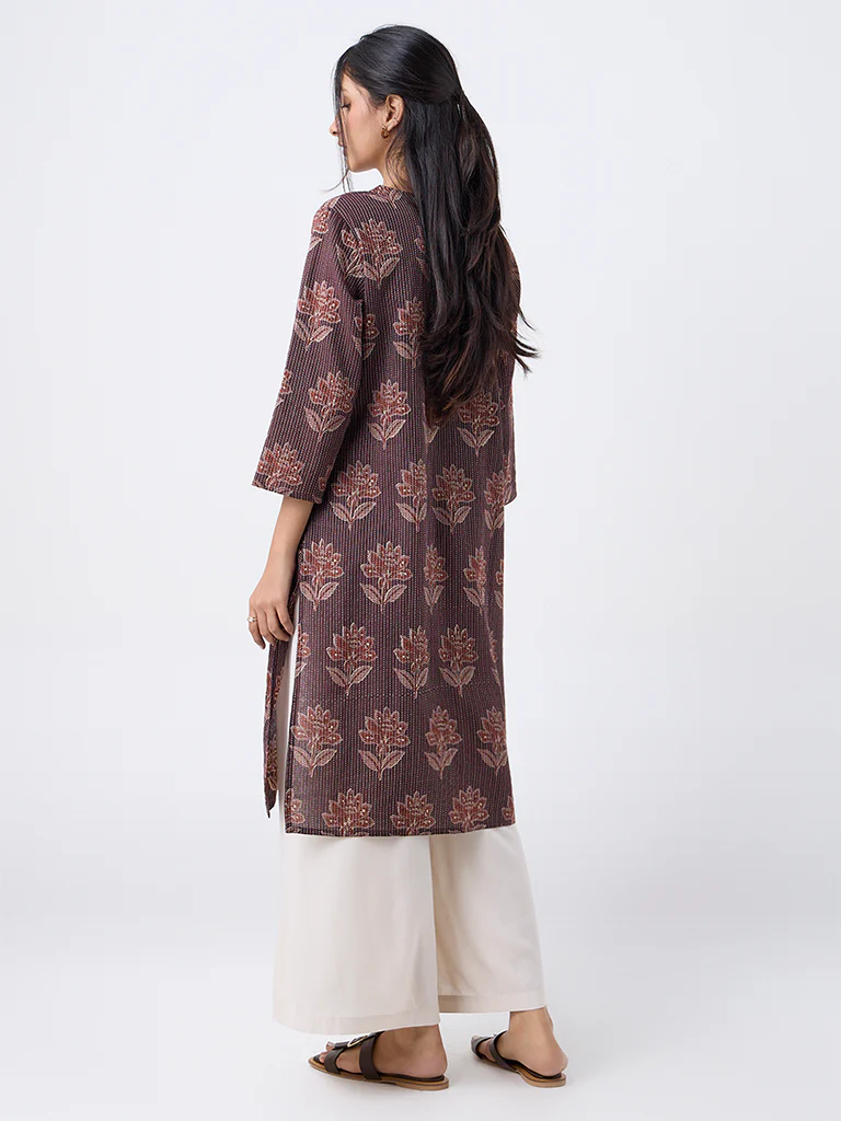 Utsa Brown Floral Pattern Cotton-Blend Straight Kurta - Image 4
