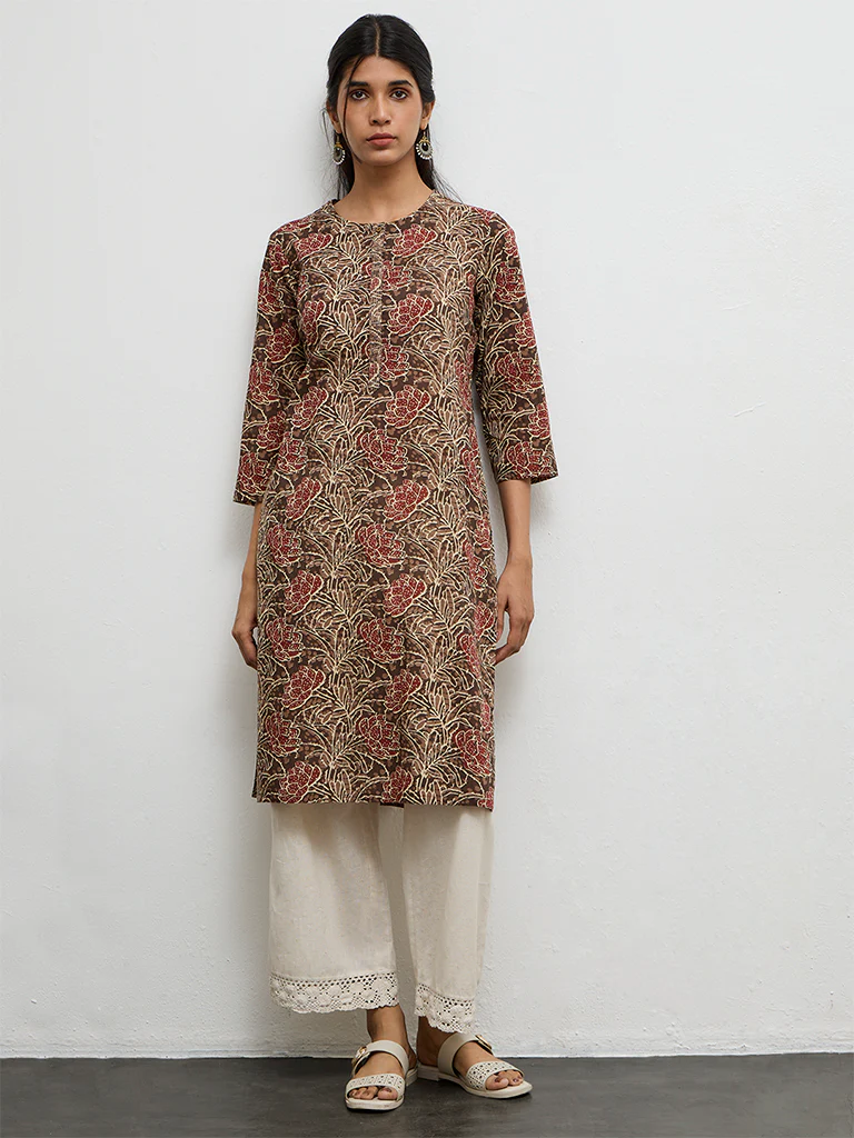 Utsa Brown Floral Printed Cotton Straight Kurta - Image 2