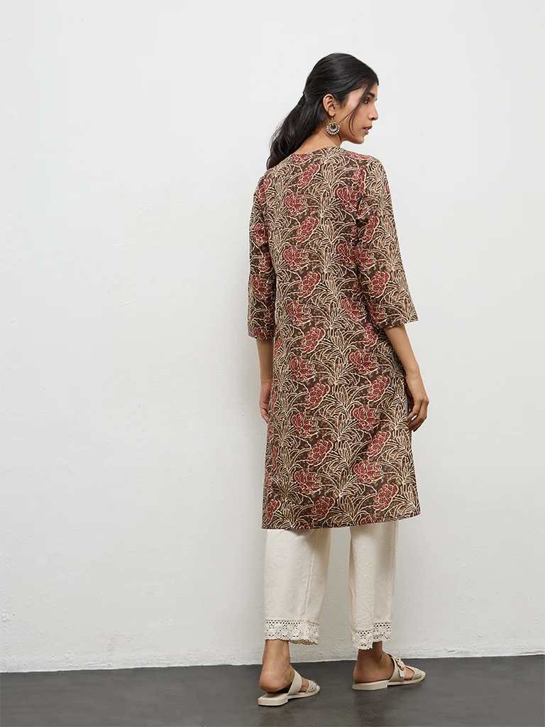 Utsa Brown Floral Printed Cotton Straight Kurta - Image 4