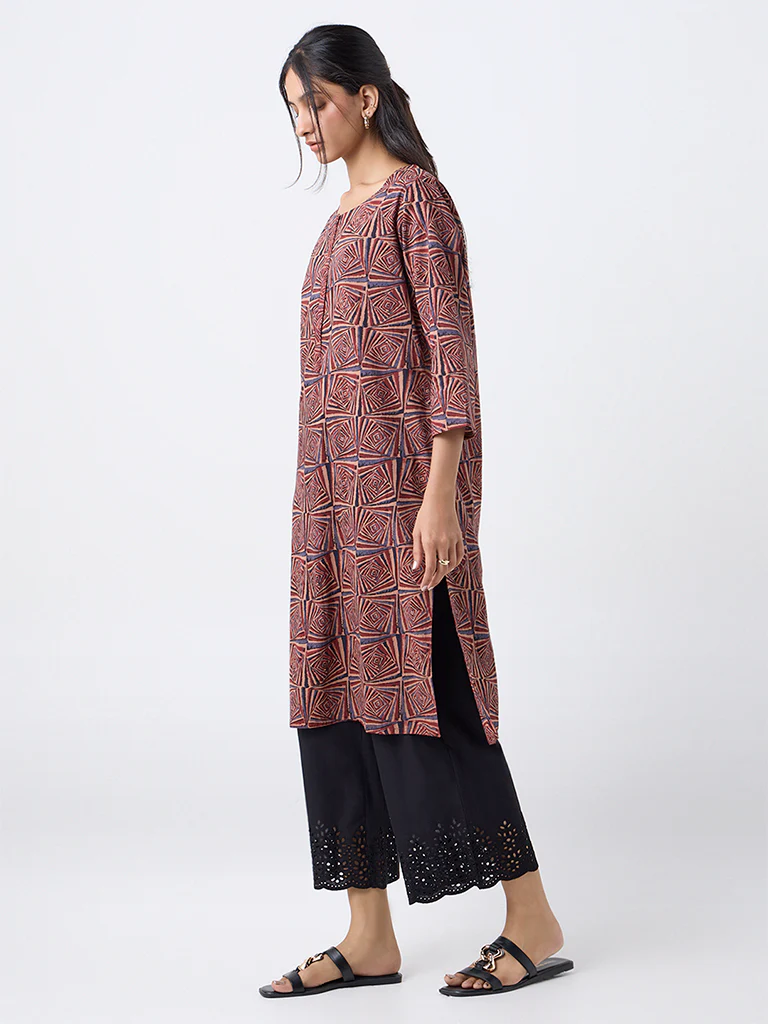 Utsa Brown Printed Cotton Straight Kurta - Image 2