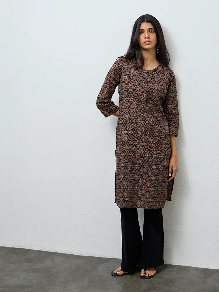 Utsa Brown Printed Cotton Straight Kurta - Image 2