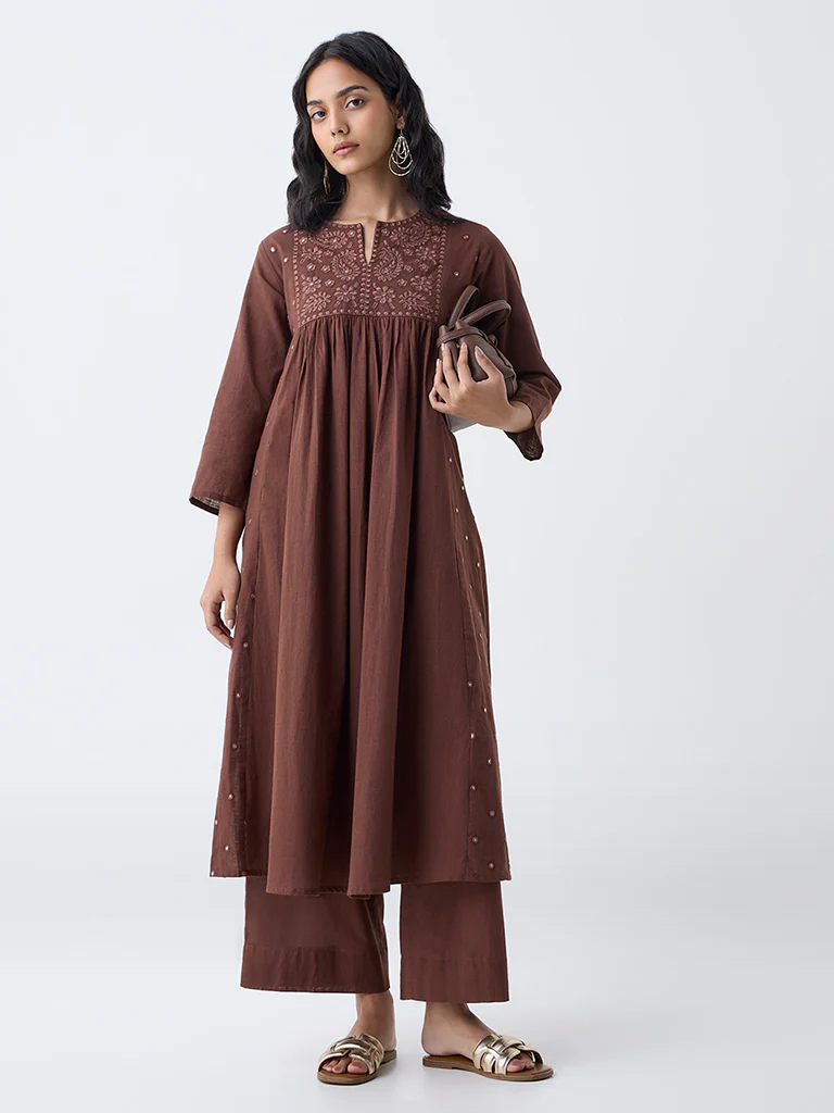 Utsa Brown Solid Cotton Pants - Image 2