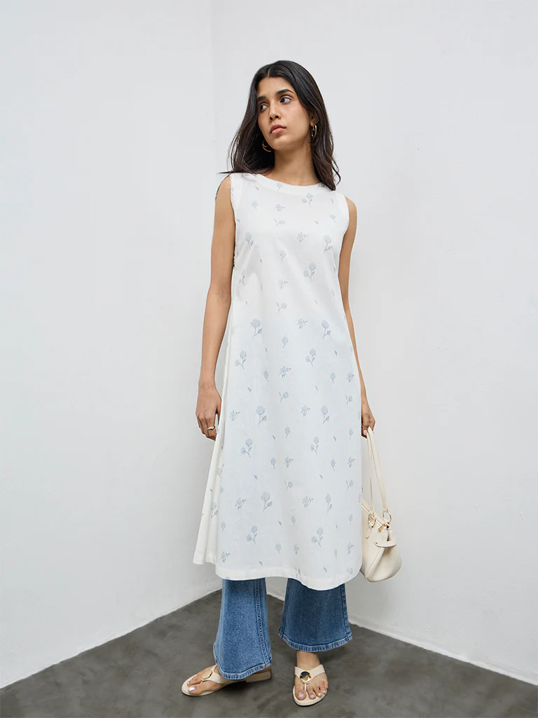 Utsa White Floral Cotton-Blend A-Line Kurta - Image 2