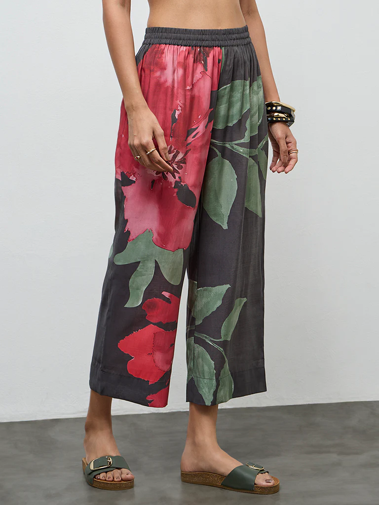 Utsa Charcoal Floral Design Pants