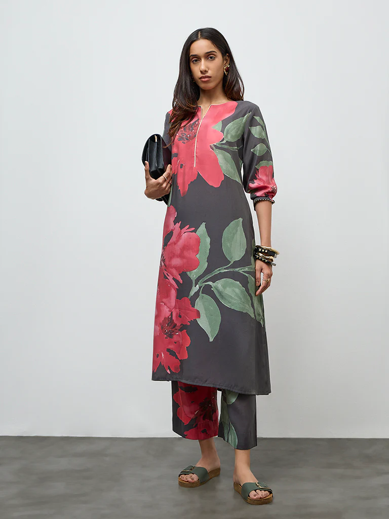 Utsa Charcoal Floral Design Pants - Image 2