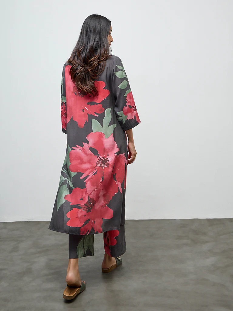 Utsa Charcoal Floral Detailed A-Line Kurta - Image 4