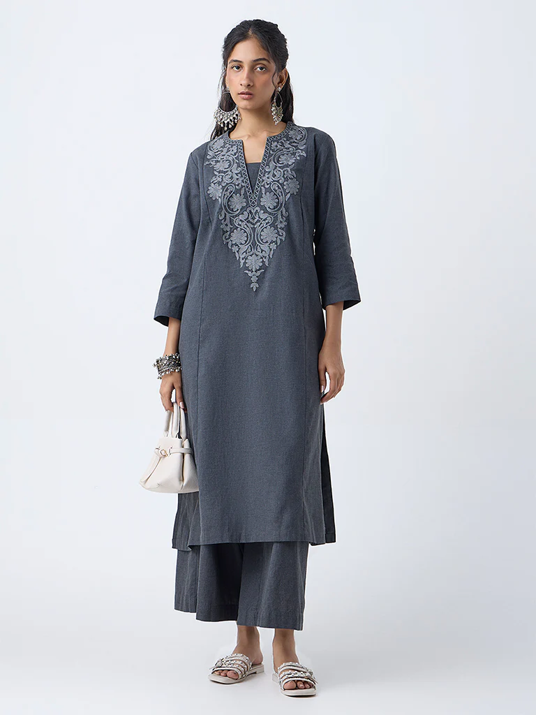 Utsa Charcoal Solid Cotton Palazzos - Image 2