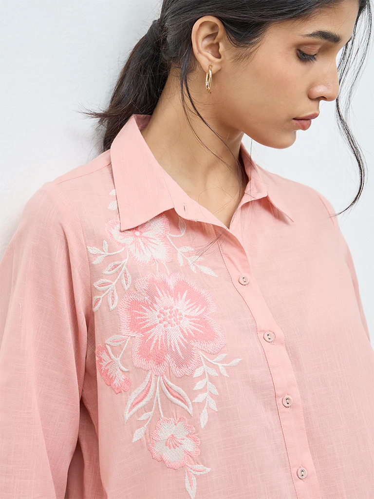 Utsa Coral Floral Embroidered Cotton Tunic - Image 3