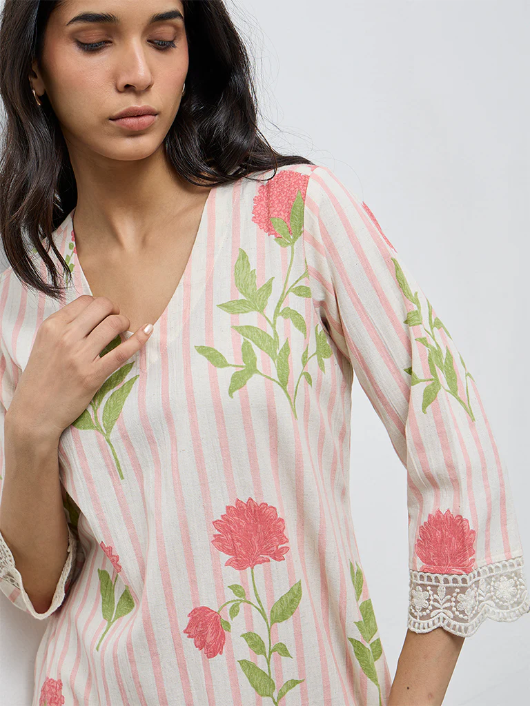 Utsa Coral Floral Pattern Cotton-Blend A-Line Kurta - Image 3