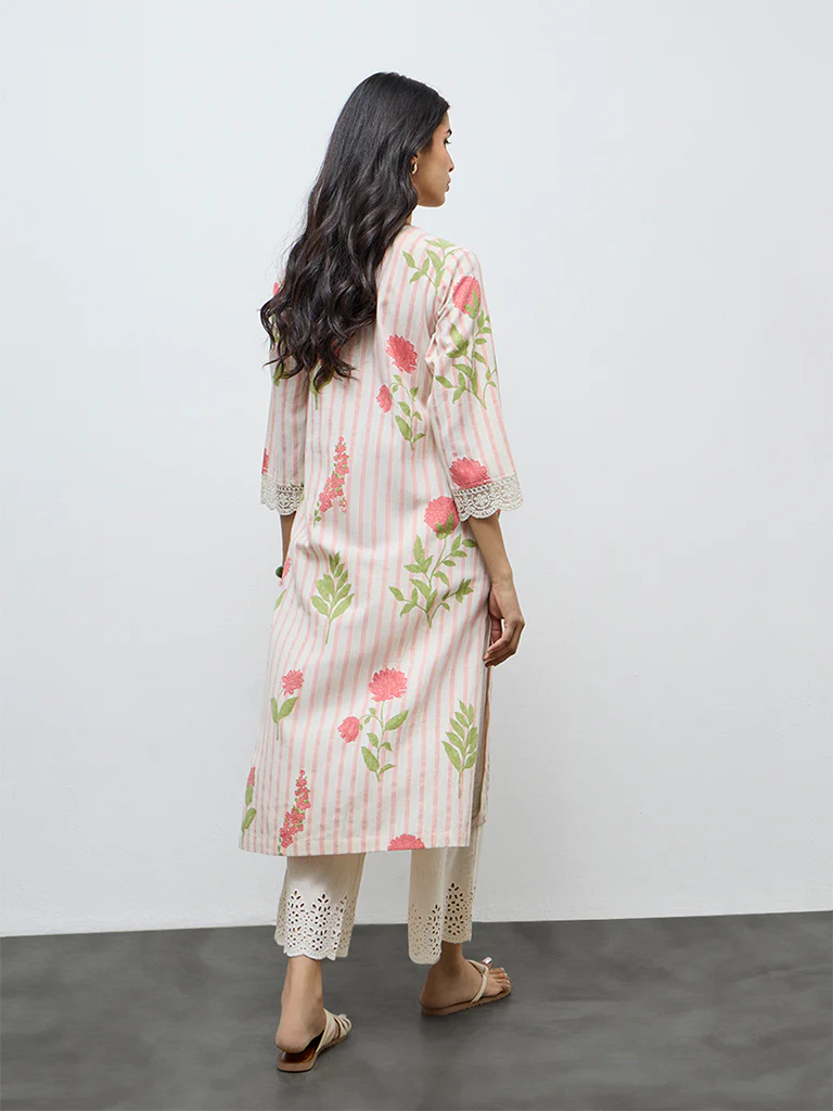 Utsa Coral Floral Pattern Cotton-Blend A-Line Kurta - Image 4