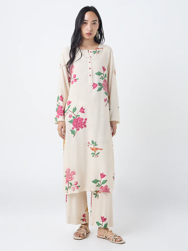 Utsa Cream Botanical Design A-Line Kurta - Image 2