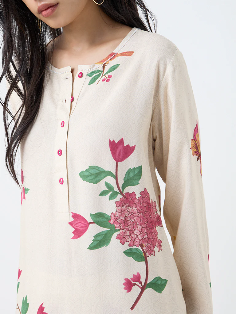 Utsa Cream Botanical Design A-Line Kurta - Image 3