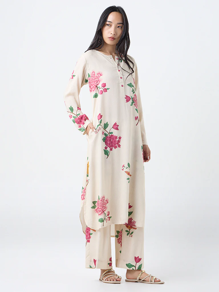 Utsa Cream Botanical Design Pants - Image 2