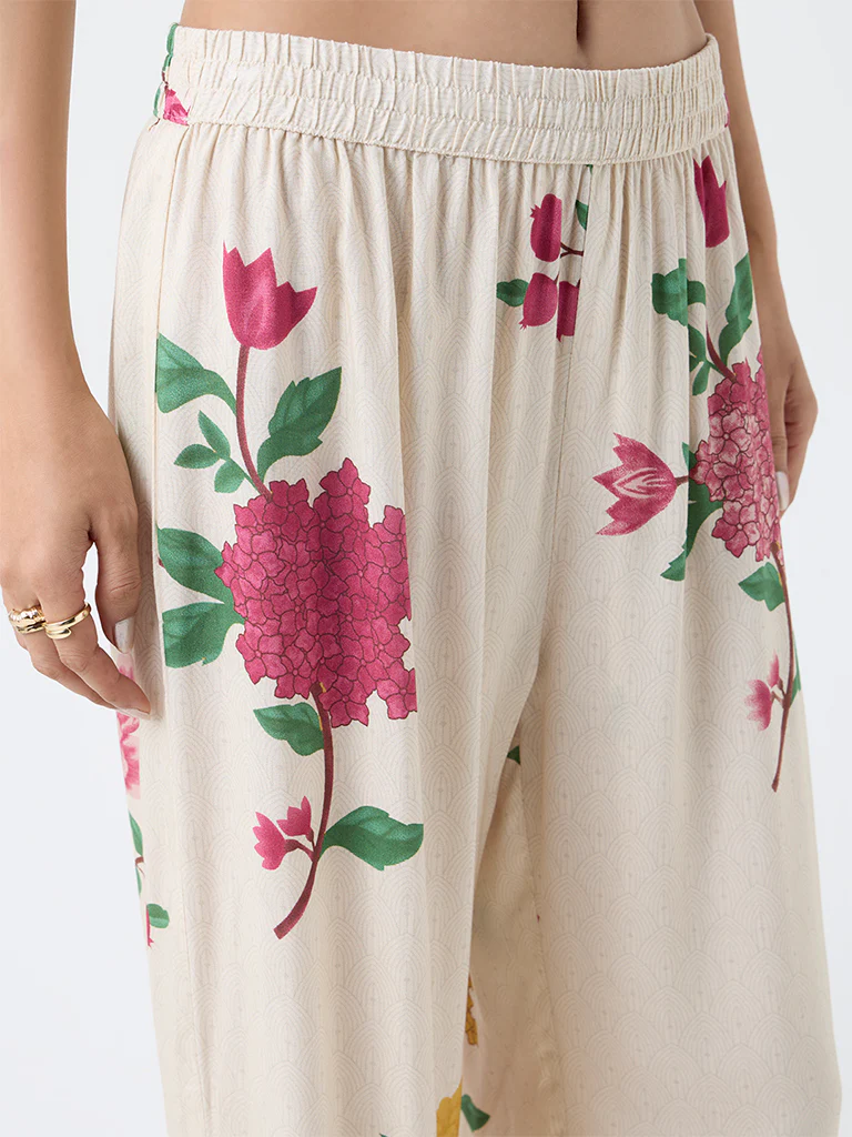 Utsa Cream Botanical Design Pants - Image 3