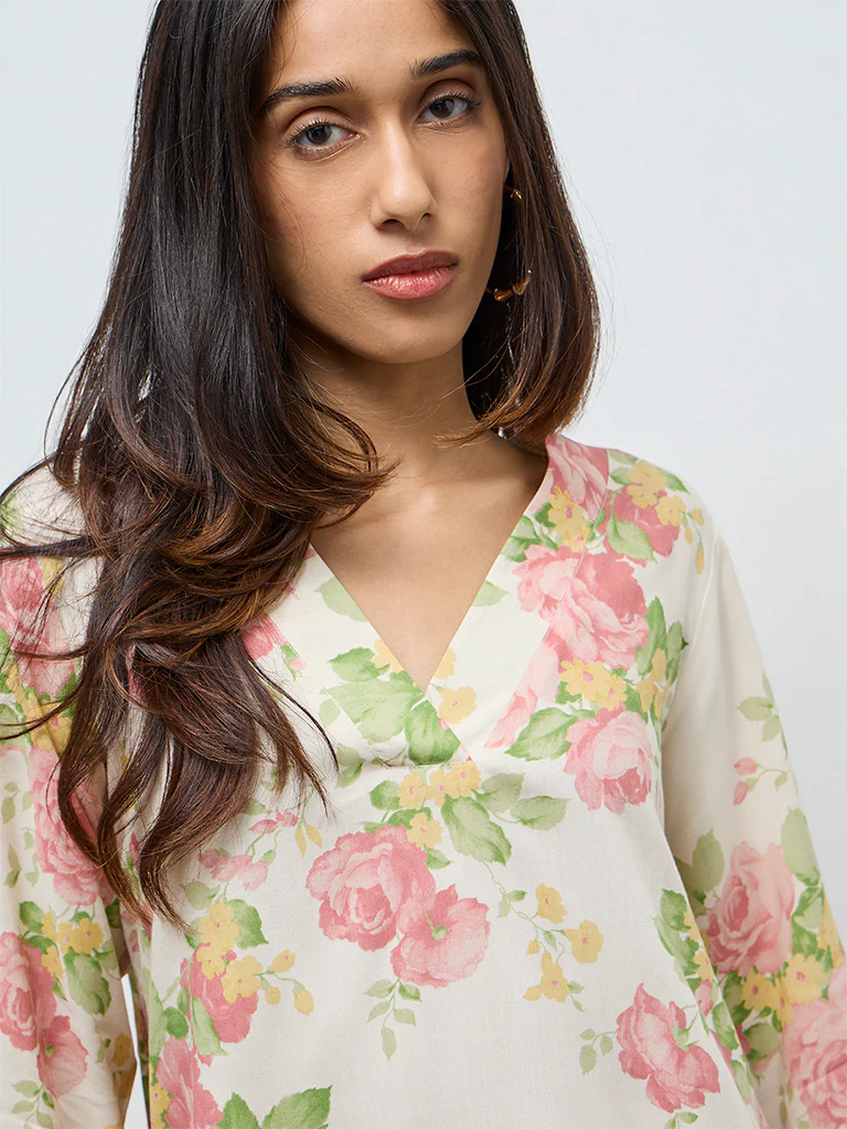 Utsa Cream Botanical Design Tunic - Image 3