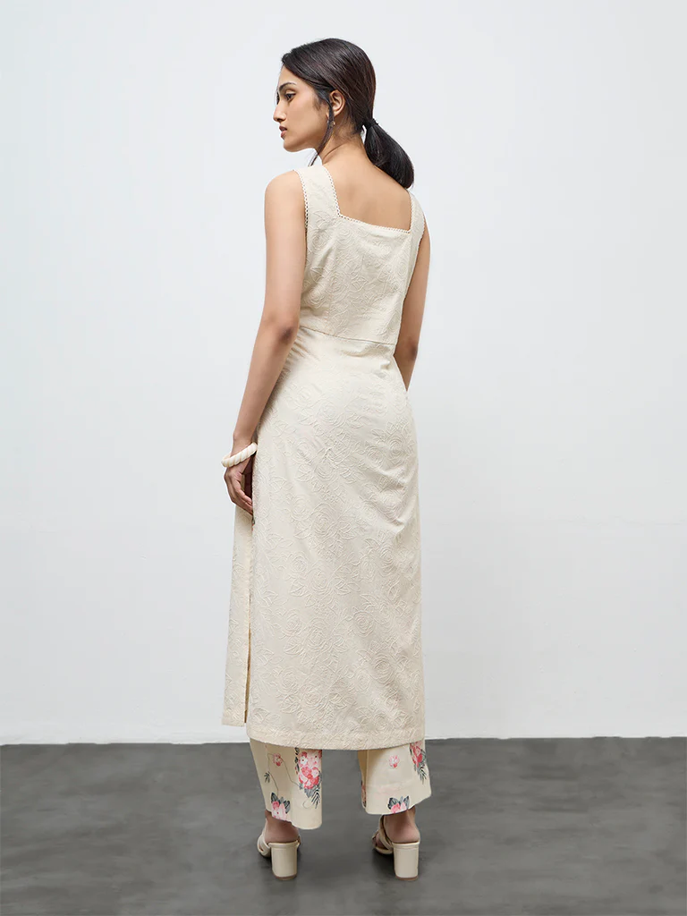 Utsa Cream Floral Embroidered A-Line Cotton Kurta - Image 4