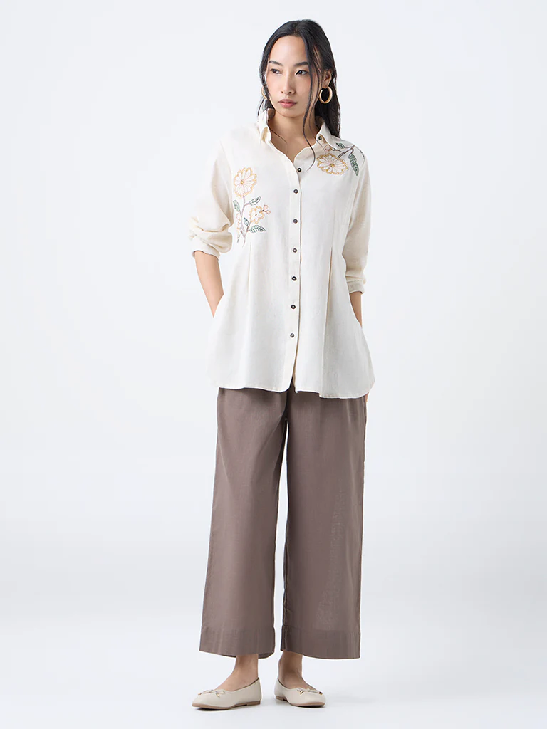 Utsa Cream Floral Embroidered Cotton-Blend Tunic - Image 2