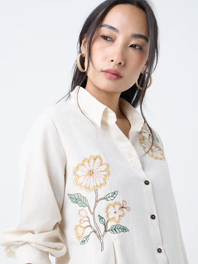 Utsa Cream Floral Embroidered Cotton-Blend Tunic - Image 3