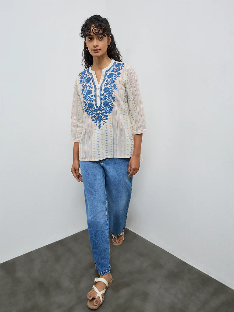 Utsa Cream Floral Embroidered Cotton-Blend Tunic - Image 2