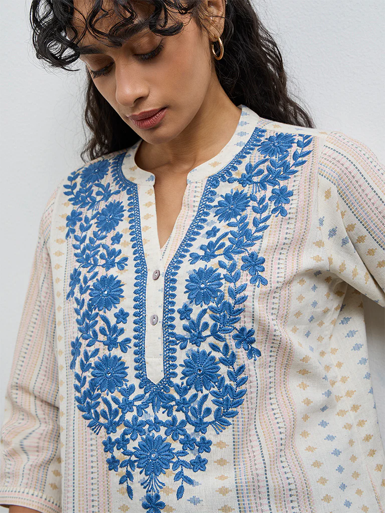 Utsa Cream Floral Embroidered Cotton-Blend Tunic - Image 3