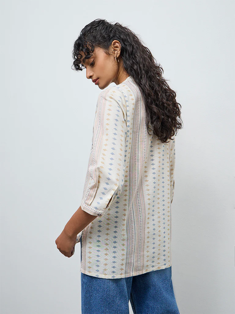 Utsa Cream Floral Embroidered Cotton-Blend Tunic - Image 4