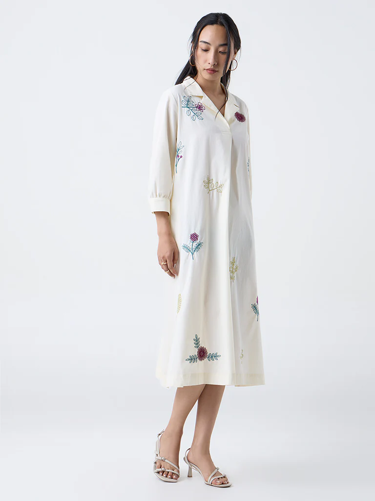 Utsa Cream Floral Embroidered Cotton Shirt Dress - Image 2