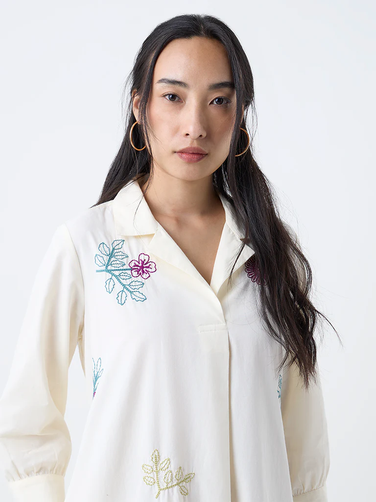 Utsa Cream Floral Embroidered Cotton Shirt Dress - Image 3