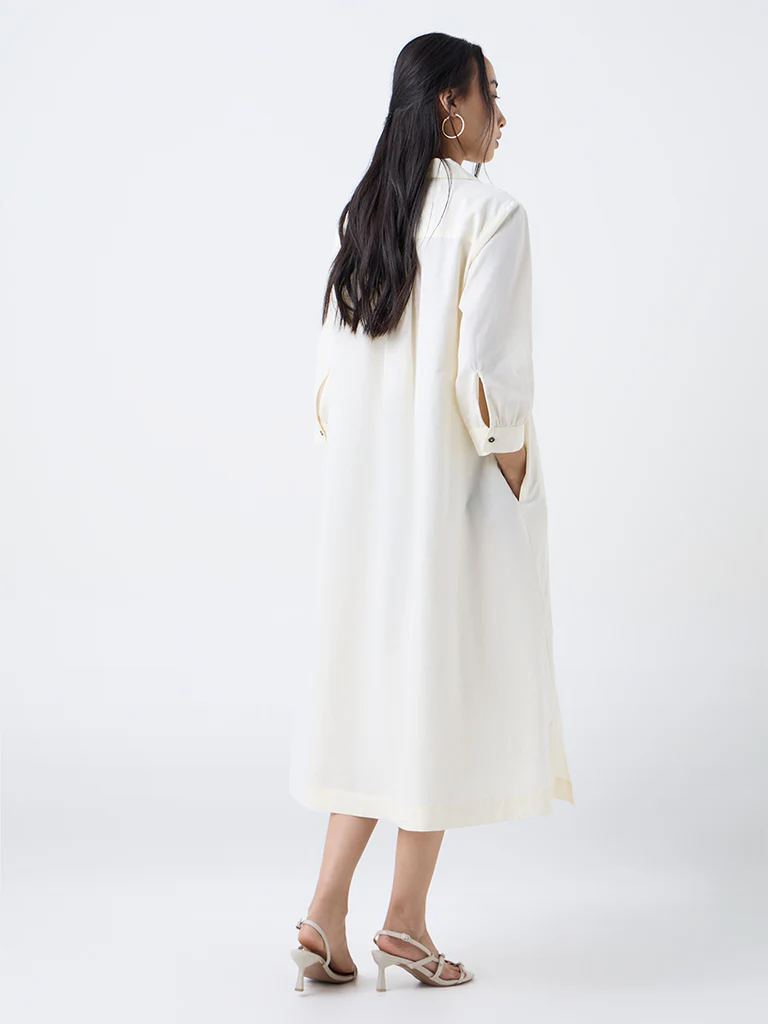 Utsa Cream Floral Embroidered Cotton Shirt Dress - Image 4