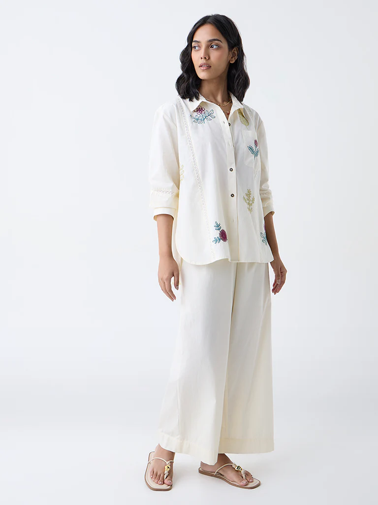 Utsa Cream Floral Embroidered Cotton Tunic - Image 2