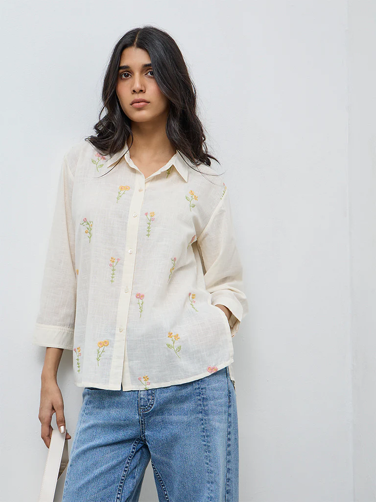Utsa Cream Floral Embroidered Cotton Tunic