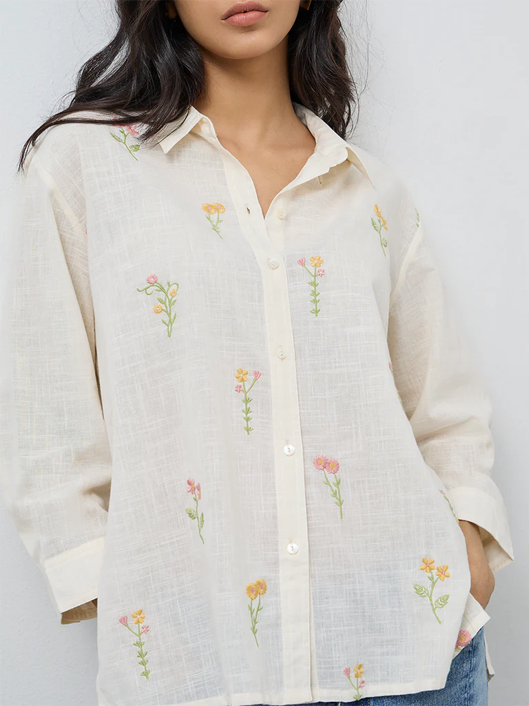 Utsa Cream Floral Embroidered Cotton Tunic - Image 3