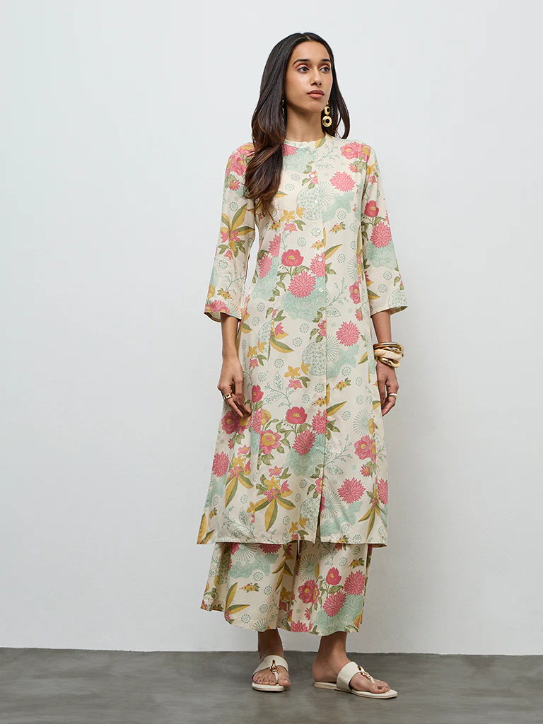 Utsa Cream Floral Printed A-Line Kurta - Image 2