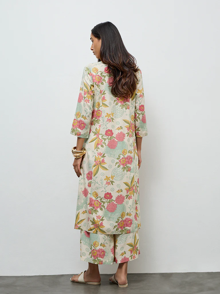 Utsa Cream Floral Printed A-Line Kurta - Image 4