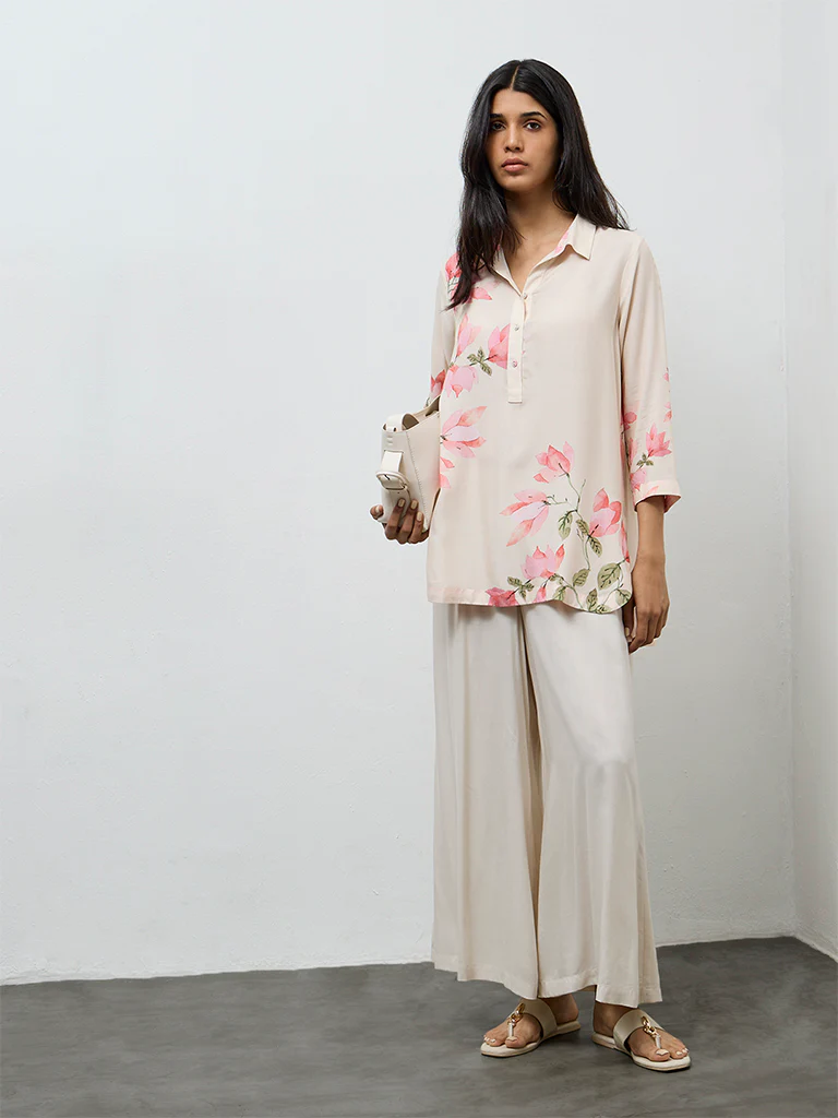 Utsa Cream Floral Printed Tunic - Image 2