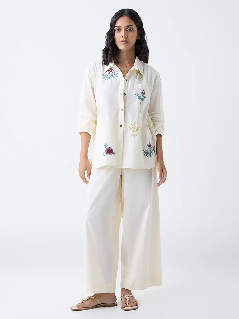 Utsa Cream Solid Cotton Ethnic Pants - Image 2