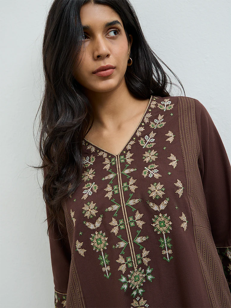 Utsa Dark Brown Aztec Embroidered Cotton-Blend A-Line Kurta - Image 3