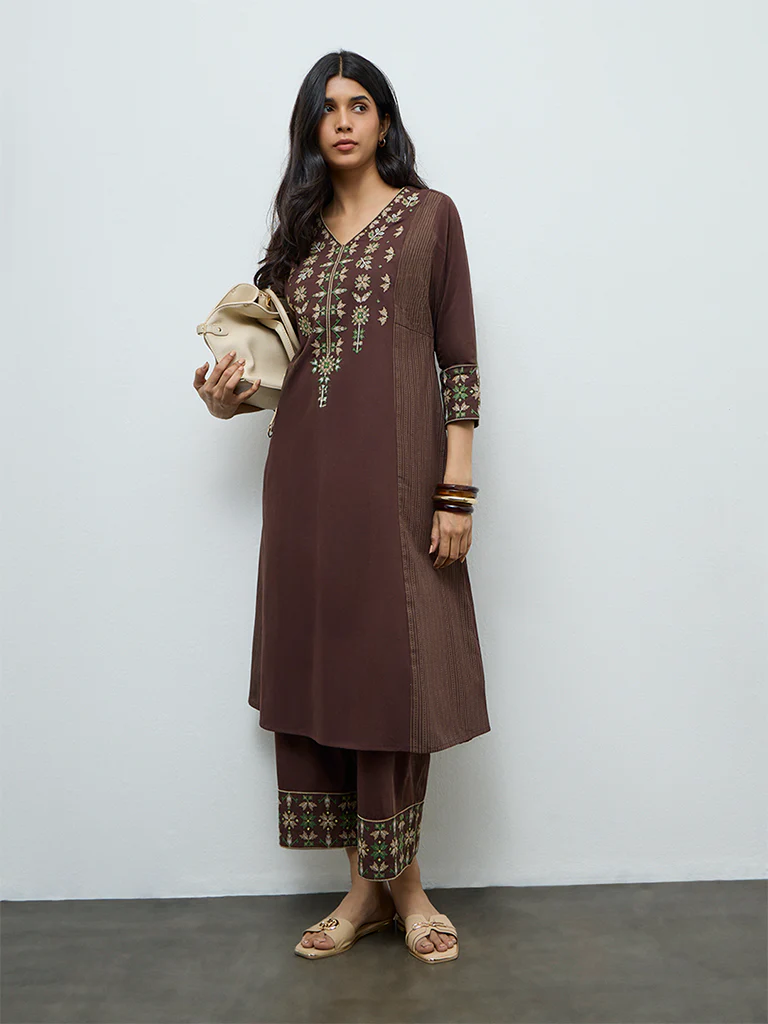 Utsa Dark Brown Aztec Embroidered Cotton-Blend Pants - Image 2