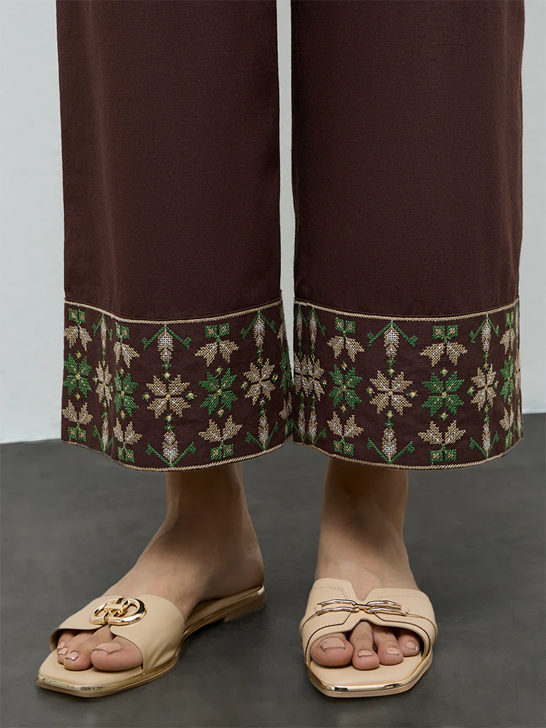 Utsa Dark Brown Aztec Embroidered Cotton-Blend Pants - Image 3