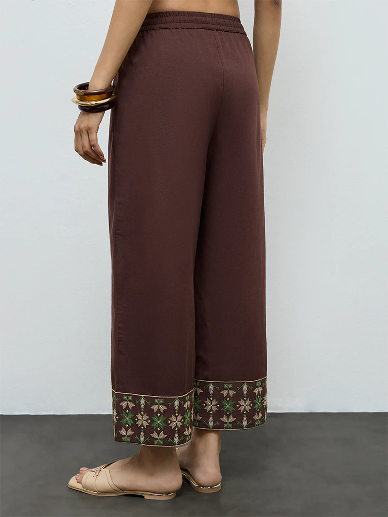 Utsa Dark Brown Aztec Embroidered Cotton-Blend Pants - Image 4