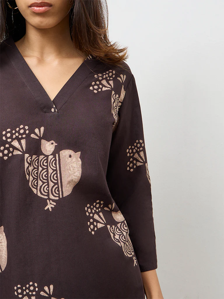 Utsa Dark Brown Bird Print Cotton Straight Kurta - Image 3