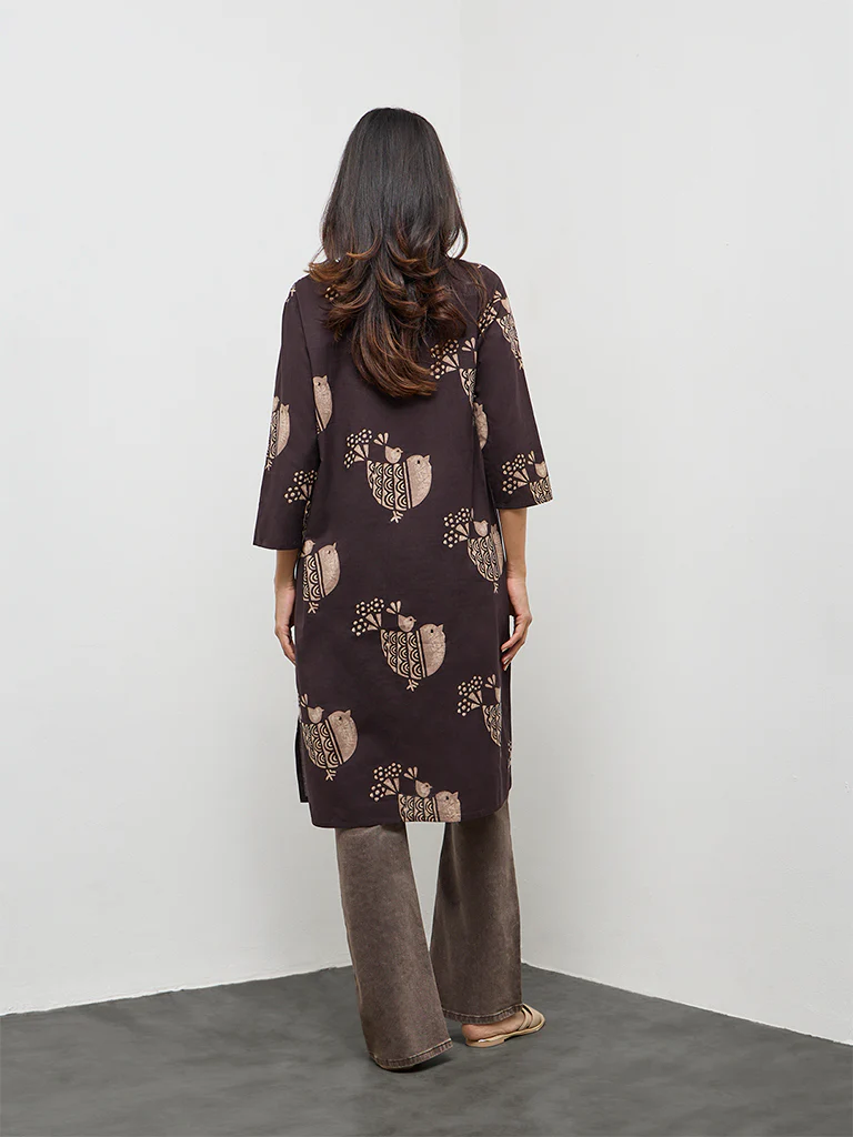 Utsa Dark Brown Bird Print Cotton Straight Kurta - Image 4