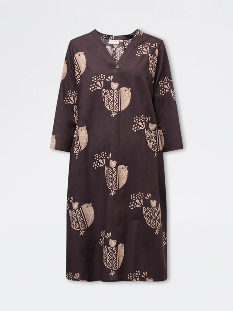 Utsa Dark Brown Bird Print Cotton Straight Kurta - Image 5