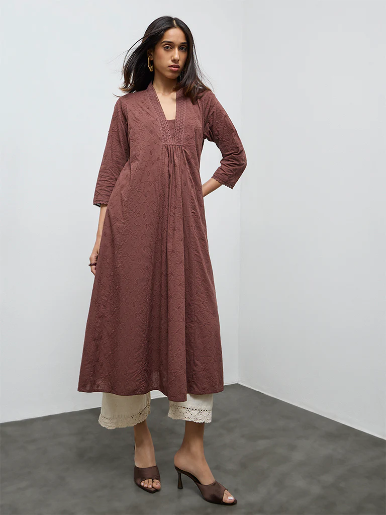 Utsa Dark Brown Floral Embroidered Cotton A-Line Kurta - Image 2