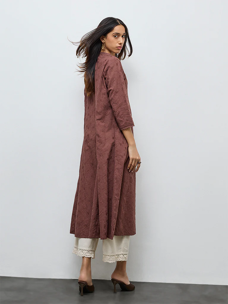 Utsa Dark Brown Floral Embroidered Cotton A-Line Kurta - Image 4