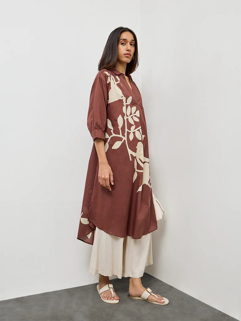 Utsa Dark Brown Foliage Printed Cotton A-Line Kurta - Image 2