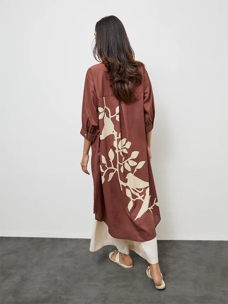 Utsa Dark Brown Foliage Printed Cotton A-Line Kurta - Image 4